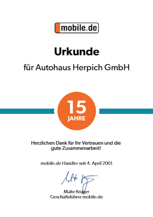 Mobile.de Urkunde - 15 Jahre Zusammenarbeit Autohaus Herpich